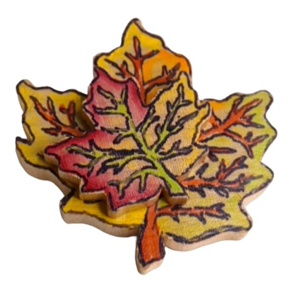 Autumn Leaf Leaves Pin Brooch Handmade Hand Painted Orange Accent Signed 2.25" - Picture 1 of 3